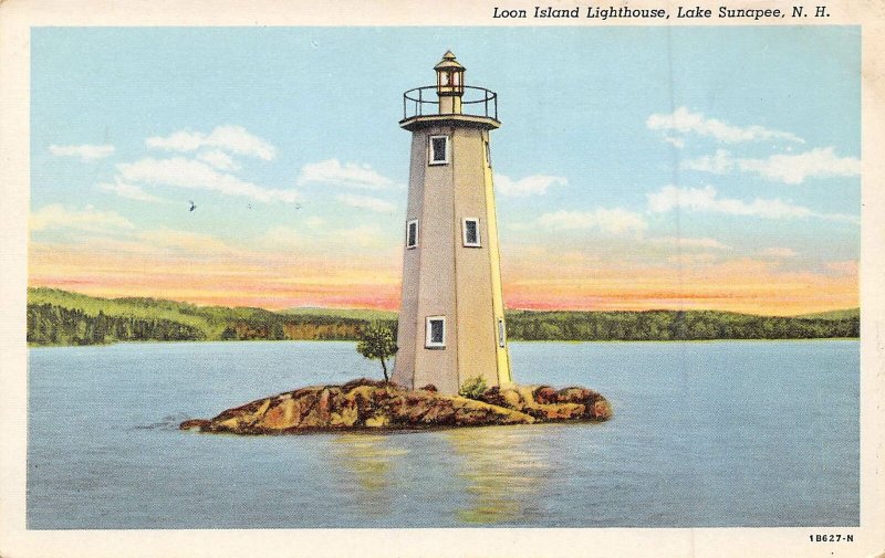 Loon Island Lighthouse Lake Sunapee New Hampshire linen postcard