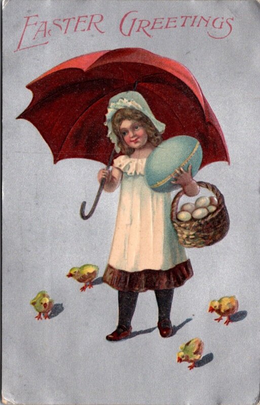 Easter PC Girl Holding Umbrella Basket of Colored Eggs Large Blue Egg Chicks