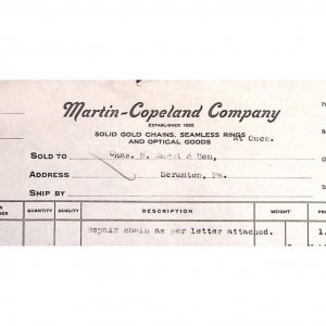 1922 MARTIN-COPELAND COMPANY PROVIDENCE R.I. GOLD CHAINS BILLHEAD INVOICE Z129