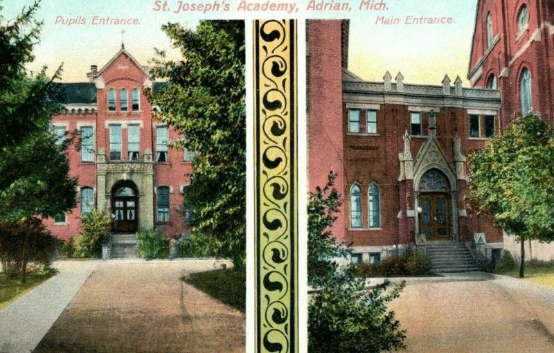 C. 1910 St. Joseph's Academy Entrance Adrian MI Postcard F58 