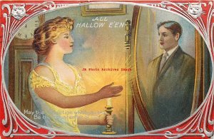 Halloween, Unknown No UP08-2 Silver, Woman Holding Candle Sees Husband in Mirror