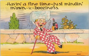 Comic Drunk Man 'Mindin mown Booziness' Booze Rye Alcohol Linen Postcard H24