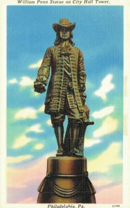 USA William Penn Statue on City Hall Tower Philadelphia Linen Postcard 07.55