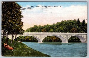 Main Street Bridge, Niles, Michigan, Vintage 1952 Linen E.C. Kropp Postcard