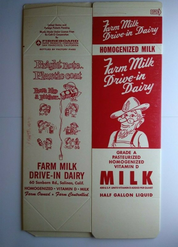 Farm Milk Man Drive In Dairy Vintage Unused Half Gallon Waxed Carton