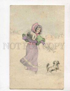 402664 WINTER FASHION Belle Girl w/ Dog Vintage Water Color PC