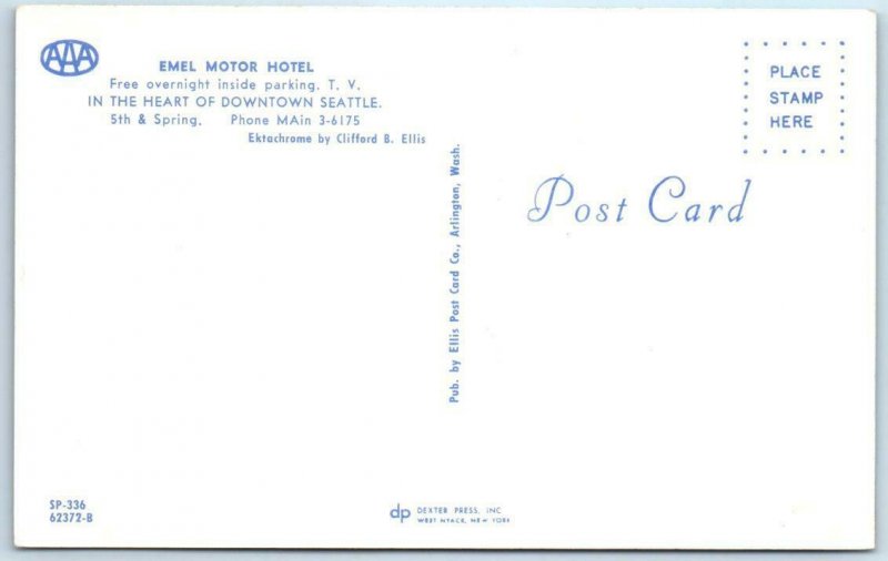 SEATTLE, Washington WA  Roadside EMEL MOTOR HOTEL Morie's Restaurant Postcard