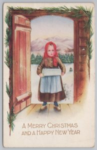 Holiday~Pine Branches Girl In Door Christmas New Year Greeting~Vintage Postcard