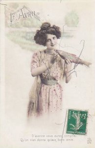 1er Avril April Fool's Day Young Girl Holding Fish 1913