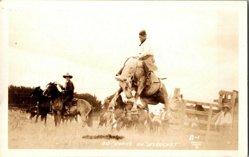 RPPC Cowboy Rodeo Ed Evans on Skyrocket Real Photo Vintage Postcard H52 