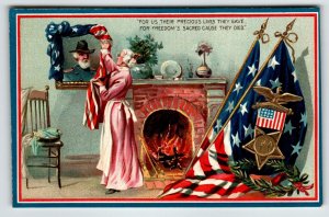 Decoration Memorial Day Postcard Grandmother Veteran Fireplace Flags Tuck Unused