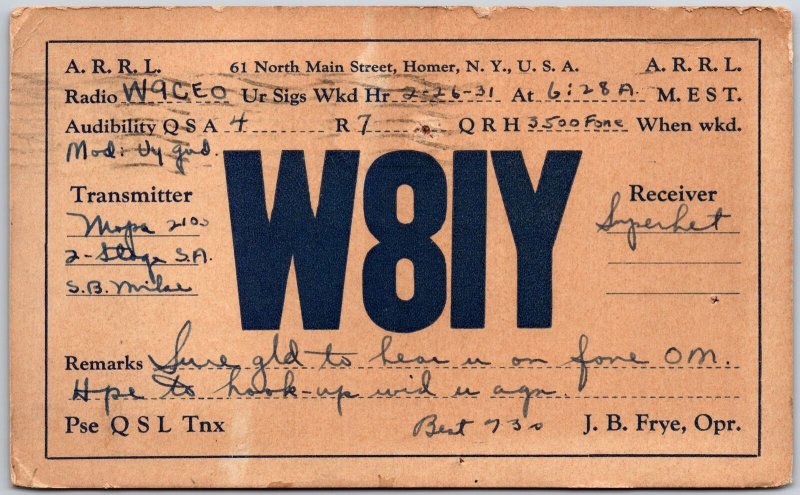 1931 QSL Radio Card W8IY Amateur Radio Station Posted Postcard