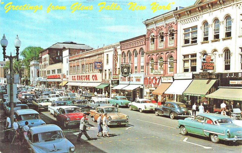 Glens Falls NY Busy Street View Storefronts Old Cars Postcard