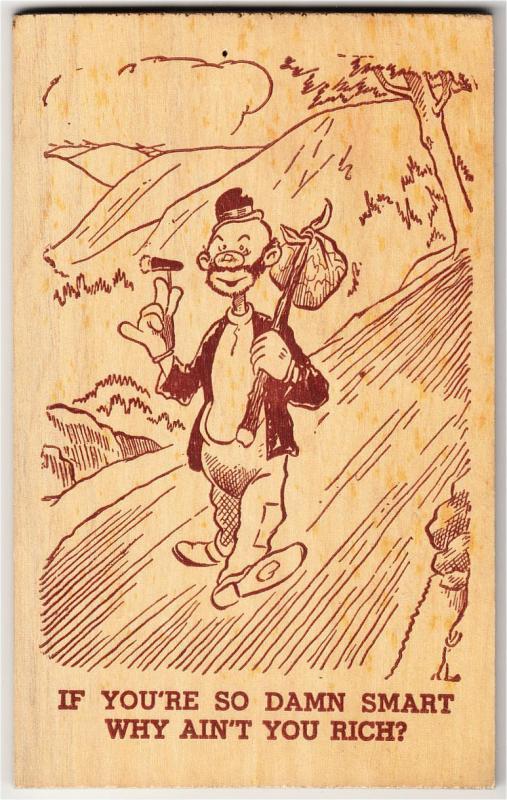 Wooden Comic Postcard Hobo on Road If You're So Smart Why Ain't You Rich 1950s