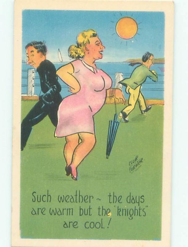 Linen-Like Risque signed FAT CHUBBY WOMAN WALKING WITH HER UMBRELLA AB6886