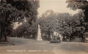 J8/ Brandon Vermont RPPC Postcard c1930s Park Franklin Street Monument 87