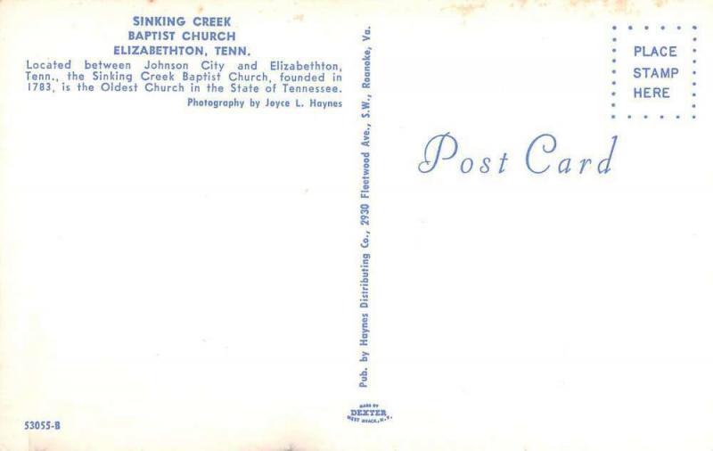 Elizabethton Tennessee Sinking Creek Baptist Church Vintage Postcard K39214