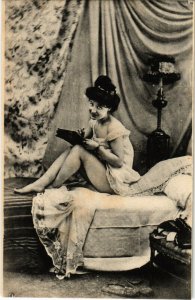 PC CPA RISQUE, LADY WRITING IN BED, Vintage PRINTED PHOTO Postcard (b17186)