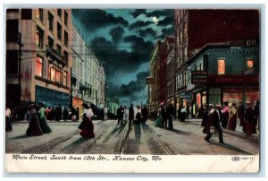 c1910 Night Scene Main Street South 12th Street Kansas City Missouri MO Postcard