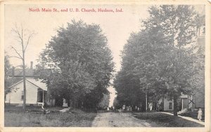 Hudson Indiana 1935 Postcard North Main Street & U.B. Church