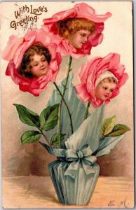 E. M. Cantner, Lady Ladies Faces in Roses Fantasy c1906 Vintage Postcard J10