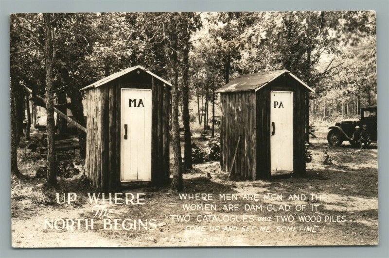 OUTHOUSES WHERE THE BNORTH BEGINS VINTAGE COMIC REAL PHOTO POSTCARD RPPC