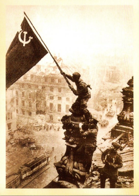 Military World War II Soldiers Waving Russian Flag