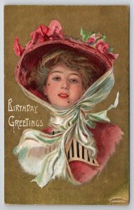 Pretty Victorian Woman Pink Hat Dress Birthday Greetings Postcard T28