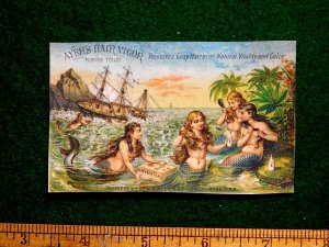 1870s-80s Lovely Mermaids Ship Wreck Ayer's Hair Vigor Quack Medicine Card F28