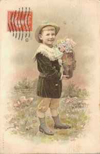 Vienna Style Boy With Flowers Vintage Postcard 08.12