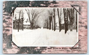 WINDSOR, VT Vermont ~ Bark Border  STATE STREET SCENE in Winter c1910s  Postcard