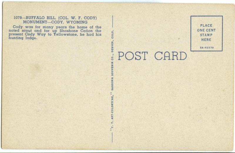 USA, Buffalo Bill Monument, Cody, Wyoming, unused linen Postcard