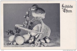 Frohliche Oltern, Chick on a toppled over basket, eggs and chocolate, PU-1956