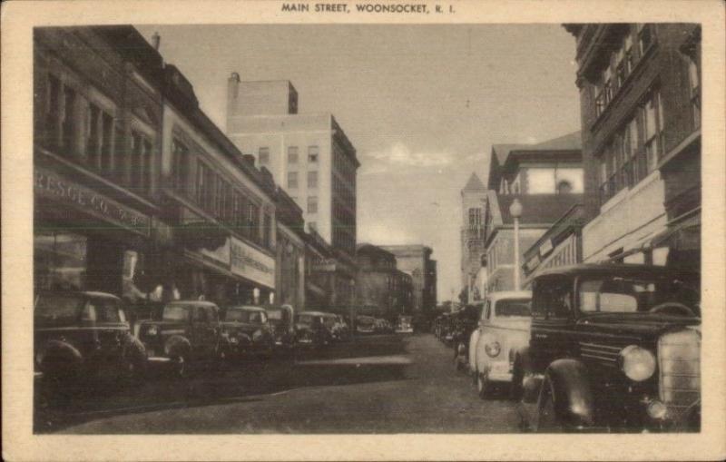 Woonsocket RI Main Street Old Cars Postcard