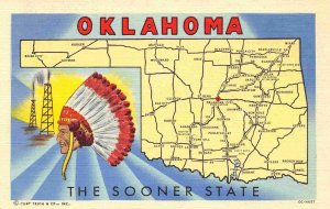 Oklahoma The Sooner State Map linen postcard