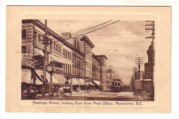 Downtown Hastings Street, Clock, Trolley, Vancouver British Columbia,