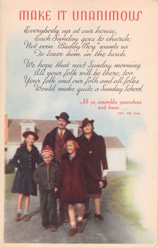 MAKE IT UNANIMOUS~POEM ABOUT THE WHOLE FAMILY GOING TO CHURCH~RELIGION POSTCARD