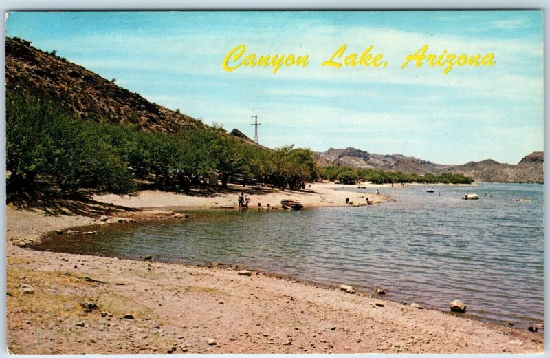 c1960s Apache Junction, AZ Greetings Canyon Lake Beach Boat Power Line PC A237