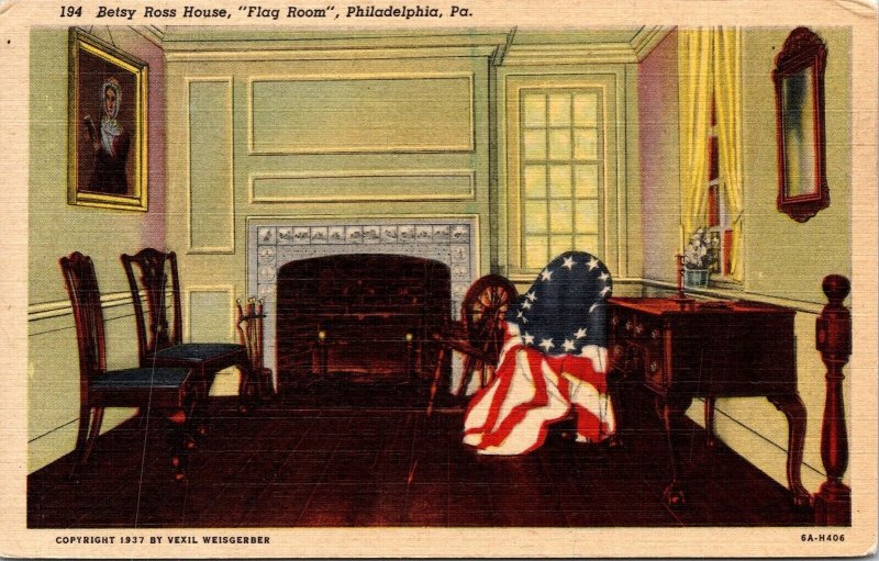 Betsy Ross House Flag Room Philadelphia PA Pennsylvania Linen Postcard VTG UNP 