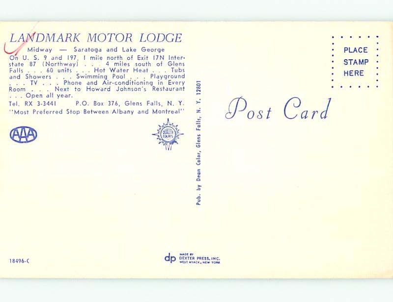 Unused Pre-1980 HOJO - HOWARD JOHNSON'S MOTEL & RESTAURANT Glens Falls NY r1184