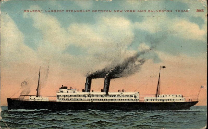 Galveston Texas TX Boat Ship Transportation Steamer Brazosc1910s Postcard