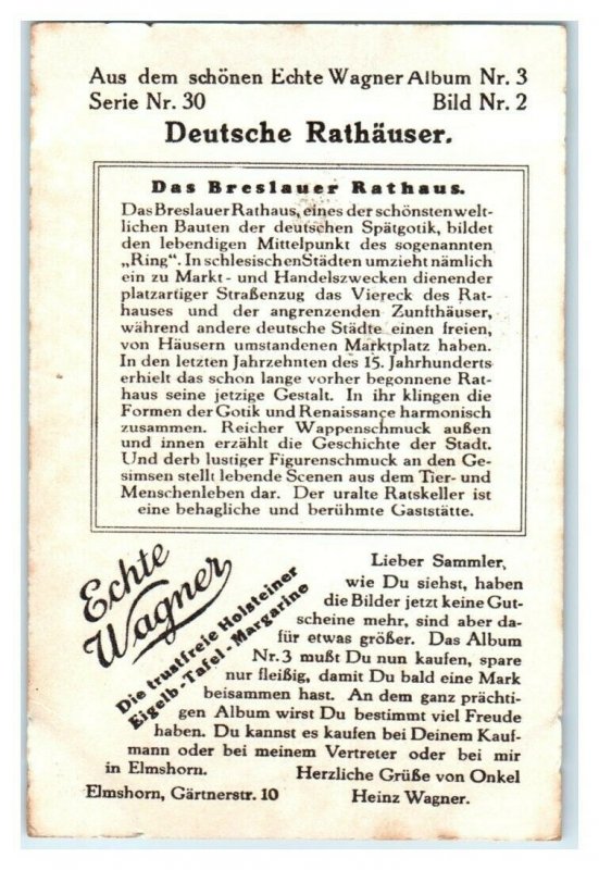 Breslau Rathaus Wroclaw, German Town Halls, Echte Wagner Trade Card *VT31W