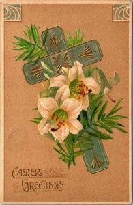 Easter Greetings Cross Flowers Art Deco Rotograph UNP DB Postcard E3