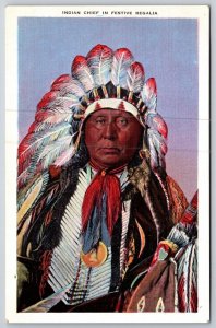 Native American Chief in Full Regalia UNP Linen Postcard C16