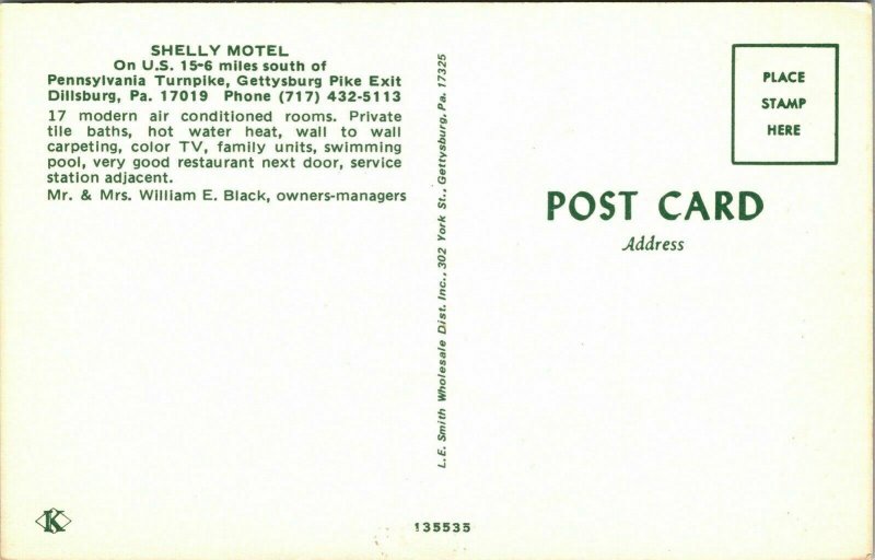 Shelly Motel Millsburg PA Pennsylvania VTG Postcard UNP Unused Chrome LE Smith  