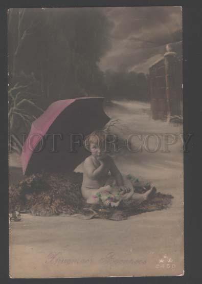 110901 Baby as Winged ANGEL w/ UMBRELLA vintage PHOTO PC