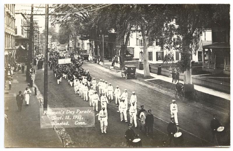 Winsted CT Fireman's Day Parade Street Vie Trolley Tracks RPPC Postcard