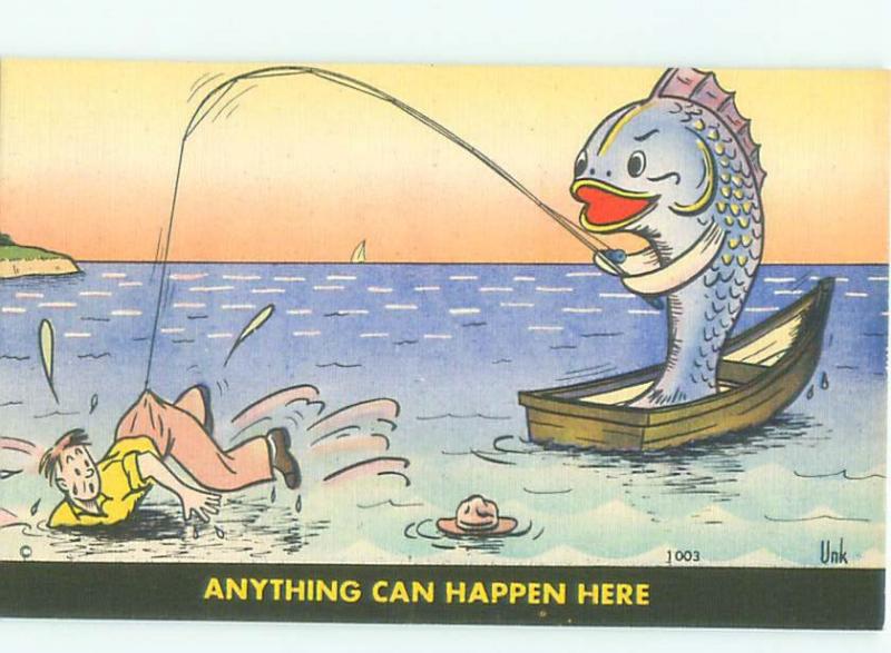 Linen Comic role reversal FISH IS FISHING FOR MAN AC6941