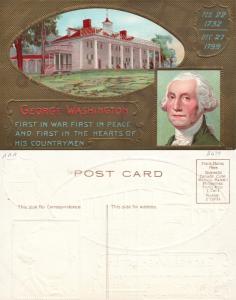 PATRIOTIC ANTIQUE EMBOSSED POSTCARD WASHINGTON FIRST IN WAR PEACE & HEARTS