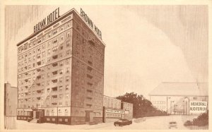 Mid-Century Advertising Art Postcard; Brown Hotel Des Moines IA Block View